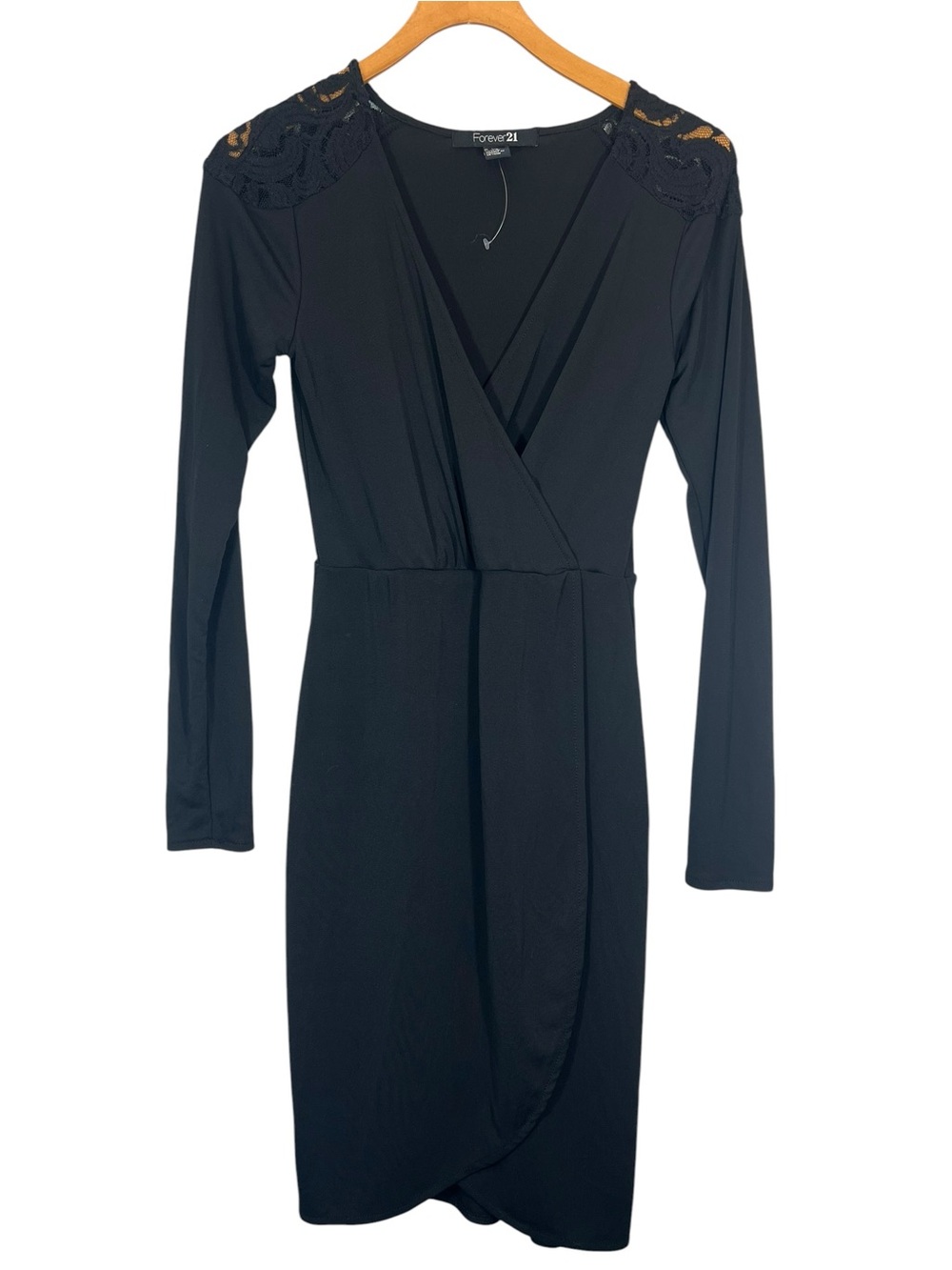 FOREVER 21 Mock Wrap Crochet Shoulders Long Sleeve Midi Dress Size S Black Goth